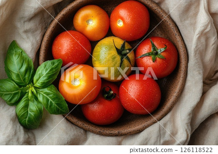Fresh assortment of ripe tomatoes and vibrant basil leaves arranged in a rustic bowl on a textured cloth, showcasing natural colors and organic produce for culinary inspiration 126118522