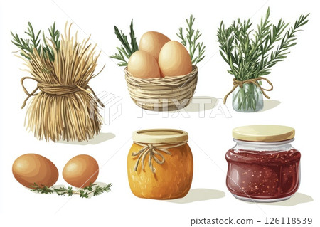 Colorful flat illustration of fresh ingredients including eggs, herbs, and jars of honey and jam, arranged artistically to evoke a rustic kitchen atmosphere 126118539