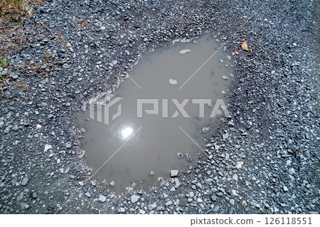 A puddle on a gravel road after the rain A puddle on a gravel road after the rain 126118551