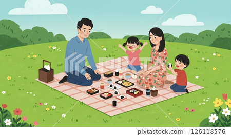 公園野餐:充滿笑容的家庭 公園野餐:充滿笑容的家庭 126118576