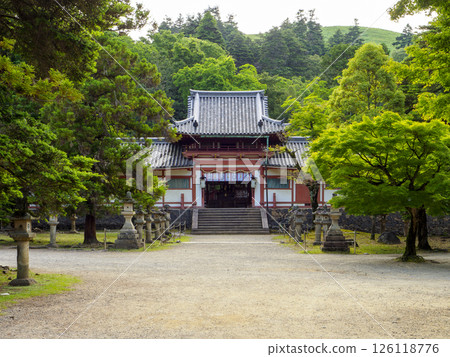 The approach to Tamukeyama Hachiman Shrine and its tower gate 126118776