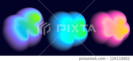 Set color neon irregular blob gradient, blend gradation. Abstract colorful blur shapes on dark blue background. Abstract y2k pop design elements Aura concept with glow effect Vector illustration. 126118802