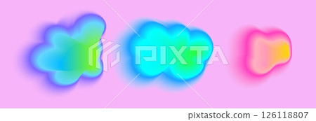 Set color neon irregular blob gradient, blend gradation. Abstract colorful blur shapes on light pink background. Abstract y2k pop design elements Aura concept with glow effect Vector illustration. 126118807