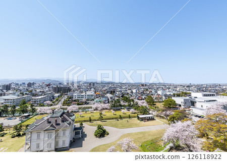 鳥取縣鳥取市 晴朗的日子裡，從鳥取城遺址眺望盛開的櫻花和鳥取市容 126118922
