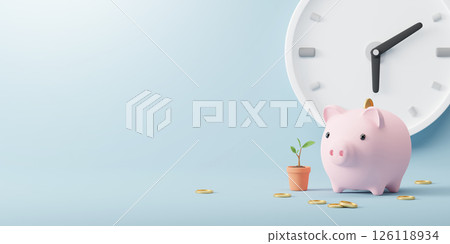 Time and money savings concept design of of piggy bank and clock with copy space 3D clock 126118934
