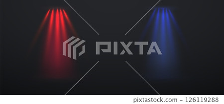 Realistic Red and Blue Neon Spotlights on Dark Background for Stage, Events, Party Design, or Poster Decoration. Vector illustration 126119288