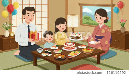 在日式房間慶祝生日：全家人的笑容 126119292