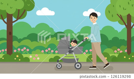 Spring walk in the park: father with stroller 126119298