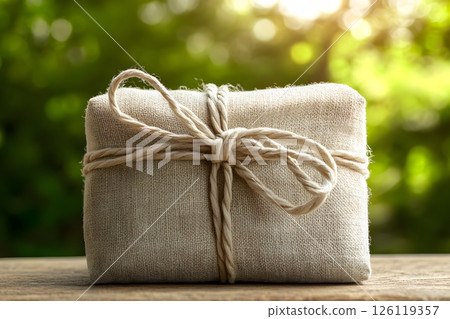 a gift in eco-friendly recycled fabric packaging, sustainability, close-up 126119357
