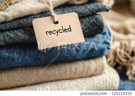 Photo of recycled fabric, recycling and sustainability, kraft tag 126119358