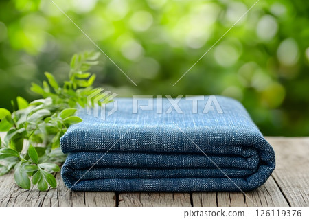 Photo of natural blue denim fabric, fabric recycling, sustainability 126119376