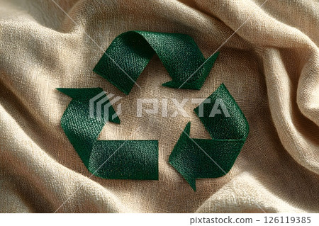 recycling sign made of green fabric, sustainability, ecology, re-consumption 126119385