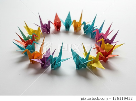 Vibrant Origami Paper Cranes Colorful Traditional Japanese Folded Art Symbols of Peace and Hope  126119432
