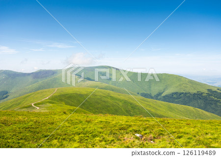 carpathian mountain landscape of ukraine in summer. sunny weather. wonderful nature scenery of alpine grassy meadow and green hills on a sunny day under blue sky. popular travel destination carpathian mountain landscape of ukraine in summer. sunny weather. wonderful nature scenery of alpine grassy meadow and green hills on a sunny day under blue sky. popular travel destination 126119489