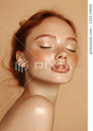 Beautiful red-haired girl with freckles, portrait, model photo 126119600