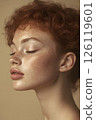 Beautiful red-haired girl with freckles, portrait, model photo 126119601