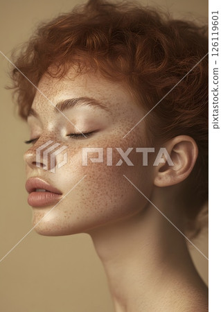 Beautiful red-haired girl with freckles, portrait, model photo 126119601