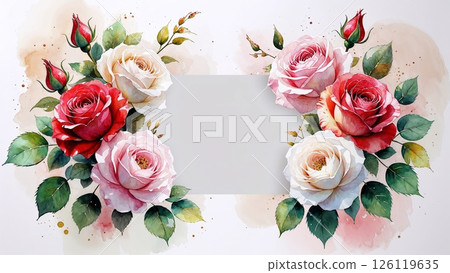 Colorful watercolor roses flowers celebrate card or invitation blank template 126119635