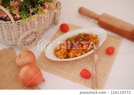 Macaroni Pasta with Tomato Sauce and Cherry Tomatoes 126119772