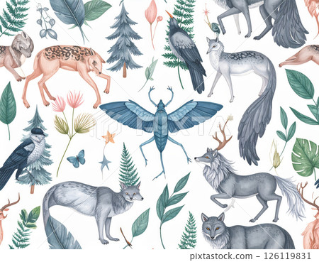 beautiful seamless pattern featuring various animals such as wolves, fox, and unique insect, surrounded by lush foliage and delicate flowers, creating whimsical and enchanting atmosphere beautiful seamless pattern featuring various animals such as wolves, fox, and unique insect, surrounded by lush foliage and delicate flowers, creating whimsical and enchanting atmosphere 126119831