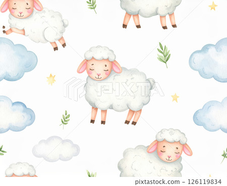 Cute sheep pattern with fluffy clouds and stars, perfect for children decor or fabric design. playful sheep add whimsical touch to any project 126119834