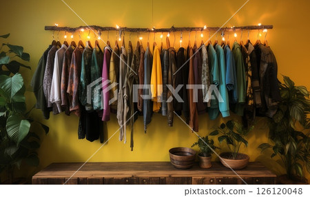 Upcycled jackets in eco-friendly fashion boutique, curated display of repurposed clothing, stylish, warm aesthetic 126120048