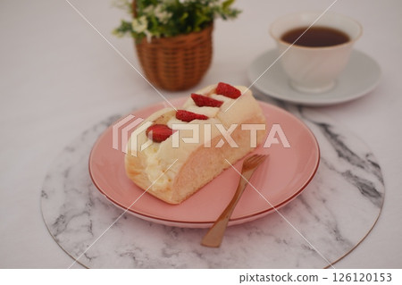 Strawberry Dessert on Pink Plate with Fork and Coffee Cup Strawberry Dessert on Pink Plate with Fork and Coffee Cup 126120153