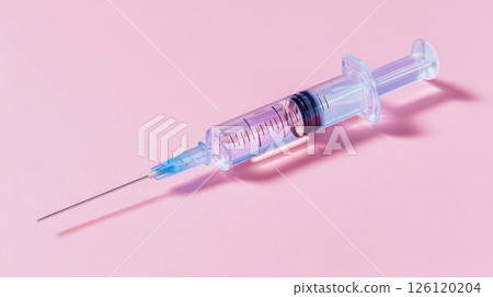 Medical Syringe on a Light Pink Background Displaying Injection Equipment 126120204