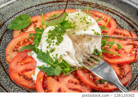 Salad Caprese with tomato, mozzarella and basil, copy space for text Salad Caprese with tomato, mozzarella and basil, copy space for text 126120302