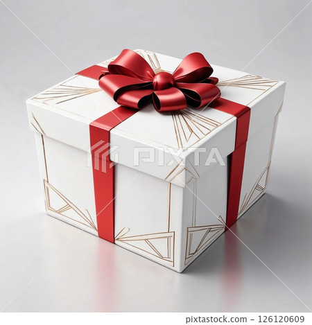 White gift box with golden pattern with a red ribbon 126120609