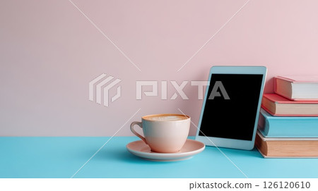 Cup of Coffee with Tablet and Books on Colorful Background 126120610