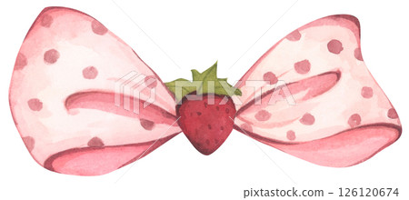 Coquette Strawberry Bow Watercolor in Autumn Garden with Soft Pastel and Feminine Vintage Style 126120674