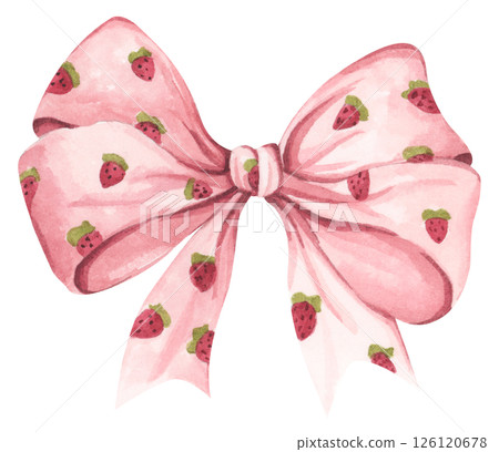 Coquette Strawberry Bow Watercolor in Autumn Garden with Soft Pastel and Feminine Vintage Style 126120678