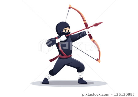 Cartoon warrior ninja - assassin - with a black mask on his face covering his face and a with a bow and arrow 126120995