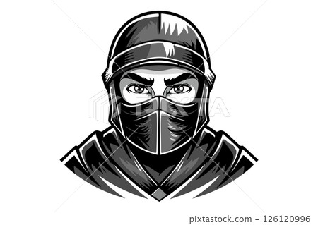 Black and white portrait head male warrior ninja - assassin - with a black mask on his face covering his face 126120996