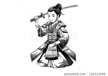 Black and white Japanese samurai warrior - woman with katana, Japanese woman with long sword 126121009