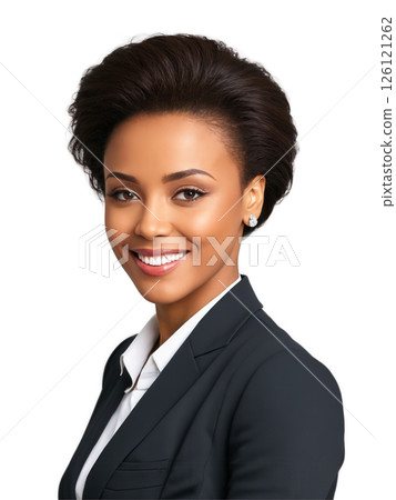 Portrait of a professional African American woman with short, straight hair, wearing a tailored dark suit and light-colored blouse. Her 126121262
