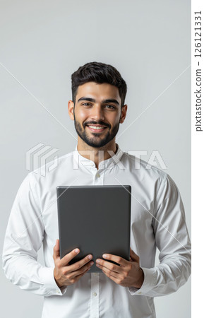 Middle Eastern Man Presenting Laptop 30s male, crisp white shirt, shows laptop screen, transparent bg, photo-realistic, white grey, even light, shallow 126121331