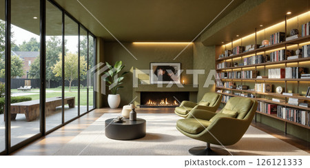 AI-powered home library in olive green, featuring smart bookshelves that automatically categorize books and interactive reading chairs that adjust for AI-powered home library in olive green, featuring smart bookshelves that automatically categorize books and interactive reading chairs that adjust for 126121333