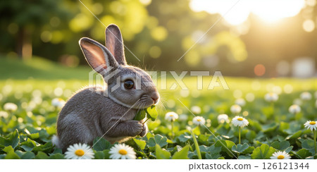A soft, fuzzy gray bunny rabbit with large, curious eyes, gently nibbling on a sprig of clover in a patch 126121344