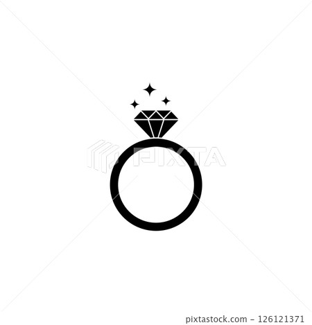 Simple black vector icon of a ring with diamond and sparkles, representing engagement. 126121371
