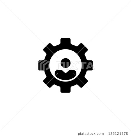 Minimalist icon of a person inside a gear, representing human resource management. 126121378