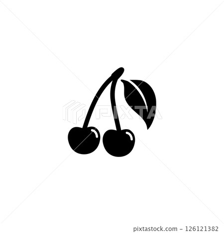 Minimalist black silhouette of two cherries with stem and leaf for fruit related designs. 126121382