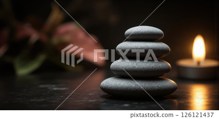 Zen Stones and Candlelight Smooth, gray Zen stones are stacked in a pyramid on a dark surface. A single lit 126121437