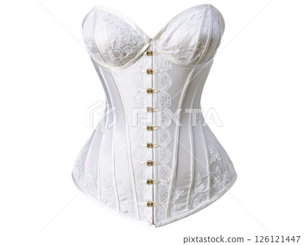 luxurious bridal corset with translucent lace panels, lace-up details, and subtle floral embroidery along the edges. luxurious bridal corset with translucent lace panels, lace-up details, and subtle floral embroidery along the edges. 126121447