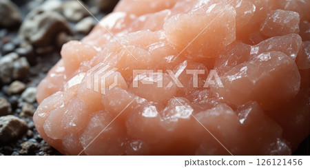 Himalayan Salt Crystal Extreme close-up of mineral formation creating abstract pink geometric patterns with subtle internal luminosity without contextual environment. 126121456