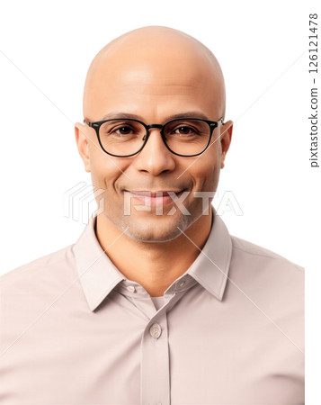 African man aged 30-40 years old, wearing smart casual, looking friendly with glasses, with bald and gray hair. 126121478
