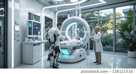 Advanced medical facility of the future A high-tech medical facility with bright, sterile white interiors and glowing blue accents. Robotic arms equipped 126121510