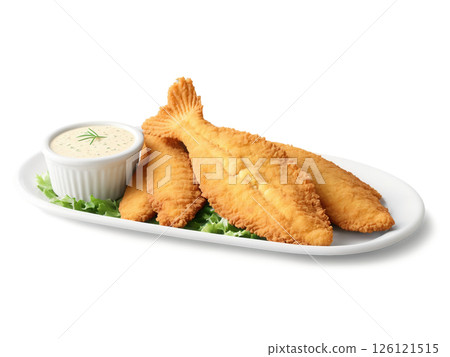 Fried Catfish Golden fried catfish fillets with a crispy cornmeal coating, served with hushpuppies and a side of tartar sauce. Fried Catfish Golden fried catfish fillets with a crispy cornmeal coating, served with hushpuppies and a side of tartar sauce. 126121515