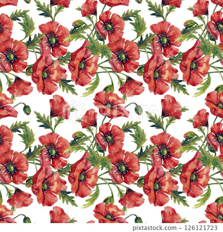 Watercolor red poppy frame background for graphic resources. Watercolor poppies illustration on a white background. 126121723